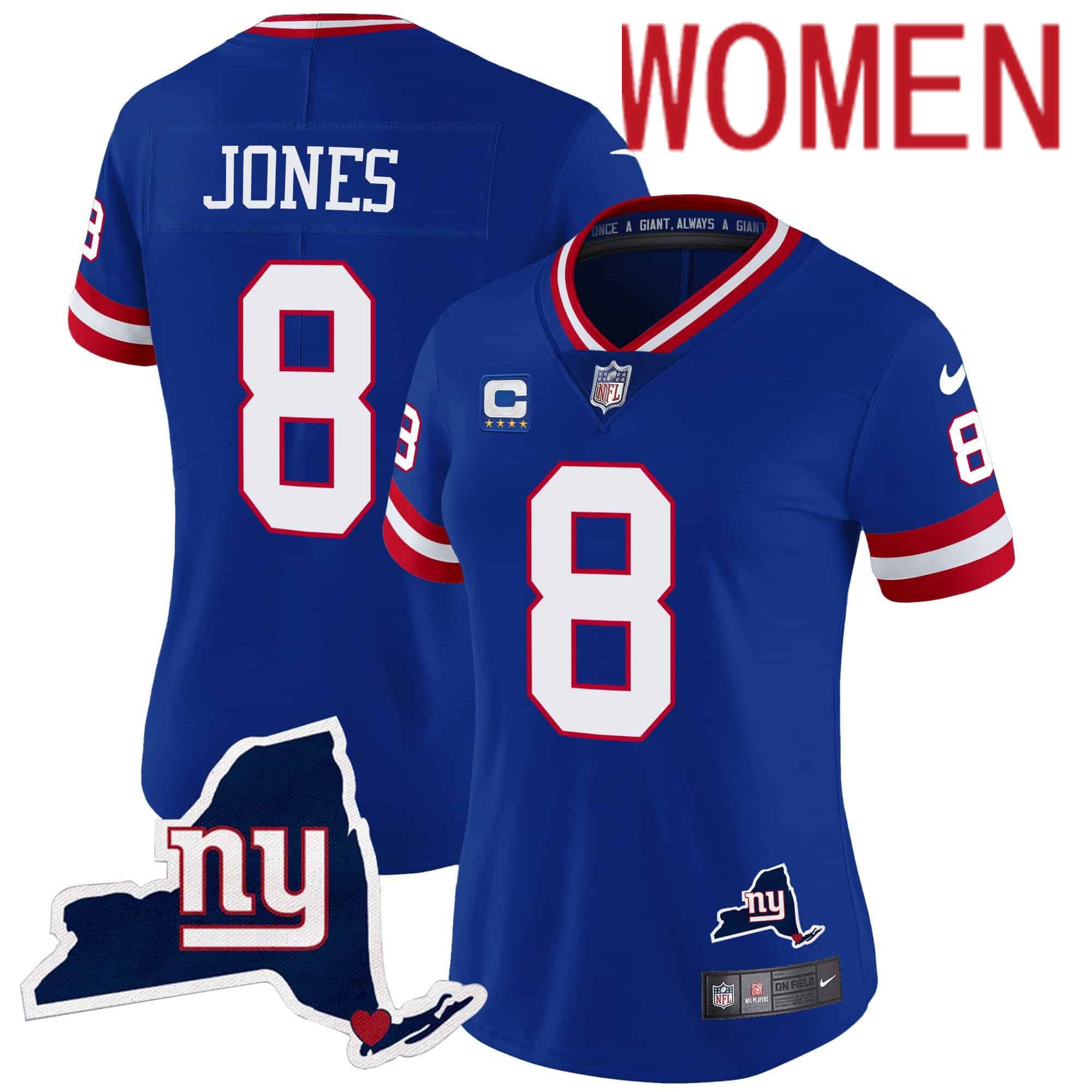 Women New York Giants #8 Jones Blue 2024 Nike Map Patch Limited NFL Jersey style 1->customized nfl jersey->Custom Jersey